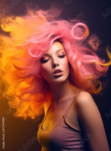 Surreal portrait of a woman enveloped in pink clouds, perfect for creative projects or beauty ads. Ideal for artistic direction in makeup advertising, fantasy-themed visuals, or vibrant poster designs © StockWorld