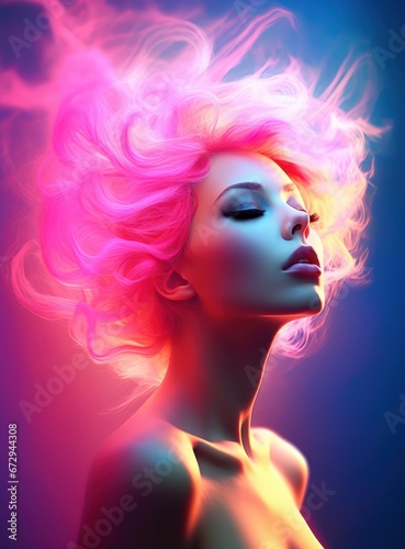 Surreal portrait of a woman with neon pink hair against a blue gradient background, ideal for modern art themes. Perfect for beauty and fashion editorials, music album covers
