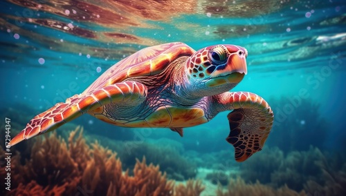 A serene sea turtle swims above a coral reef, with a clear view of the ocean surface and sky above .environmental conservation awareness