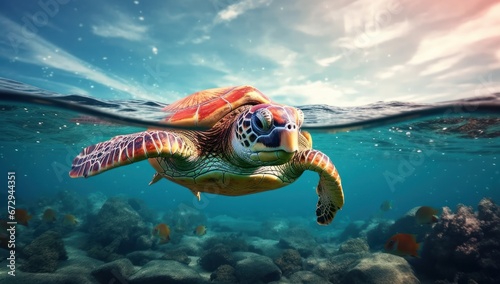 A serene sea turtle swims above a coral reef, with a clear view of the ocean surface and sky above .environmental conservation awareness © StockWorld