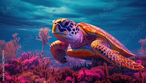 A vibrantly colored sea turtle glides at the ocean's surface, where water meets a stunning sunset sky. Ideal for environmental campaigns, marine biology educational materials, or tropical travel