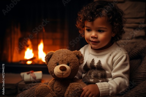 A Delightful Christmas Eve Scene with a Child Clad in Pajamas, Cuddling a Teddy Bear by the Warm Fireplace photo