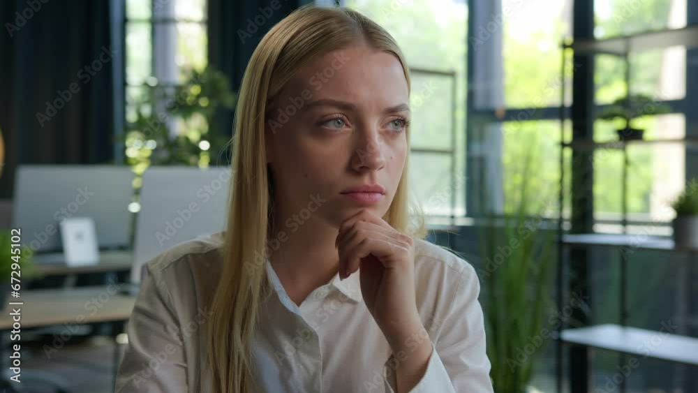 Caucasian female business person young gen z student businesswoman looking in side thinking woman consider creative mind planning strategy pensive girl think deep thoughts doubt solve issue at office Caucasian female business person young gen z student businesswoman looking in side thinking woman consider creative mind planning strategy pensive girl think deep thoughts doubt solve issue at office