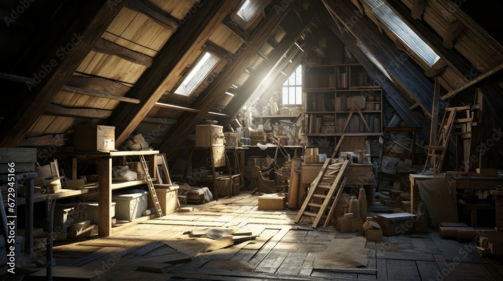 An old attic is filled with memories and stories of times past An old attic is filled with memories and stories of times past