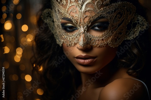 An intricate lace mask, delicately adorned with sparkling gems, poised elegantly against the backdrop of a vibrant New Year's Eve celebration