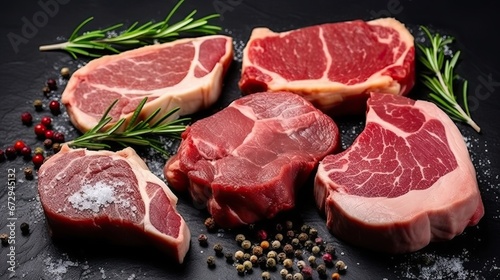 Raw meat, pork and beef steaks with spices