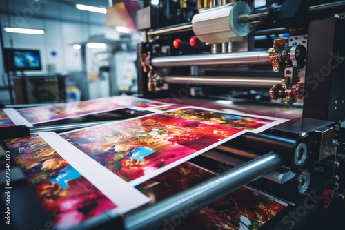A vibrant image of a printing press in action, producing beautifully designed Christmas-themed flyers with festive illustrations and holiday messages photo
