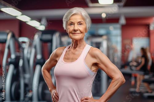 Portrait of an elderly lady in the gym during training.