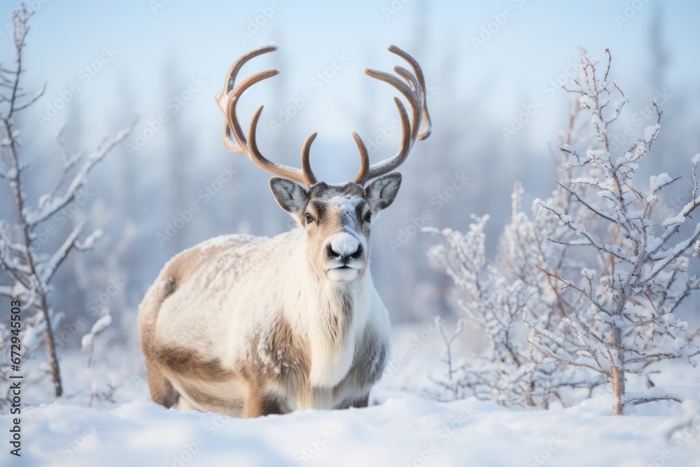 A Majestic Reindeer in the Wild, Gracefully Enjoying a Crunchy Carrot Amidst the Snowy Landscape of the Arctic Tundra A Majestic Reindeer in the Wild, Gracefully Enjoying a Crunchy Carrot Amidst the Snowy Landscape of the Arctic Tundra