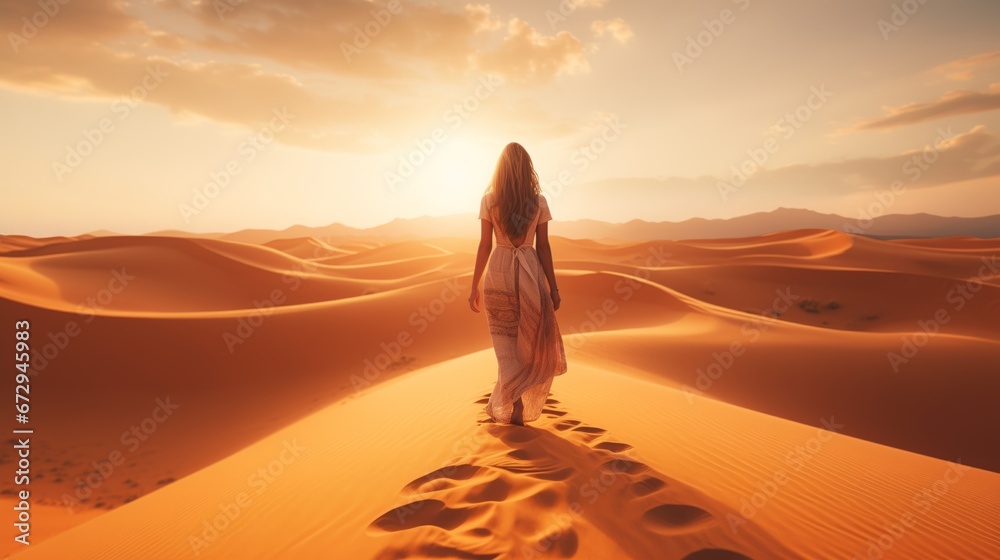 Arabian women walking in the desert dunes at sunset. Wanderlust and summer vacation concept. back shot