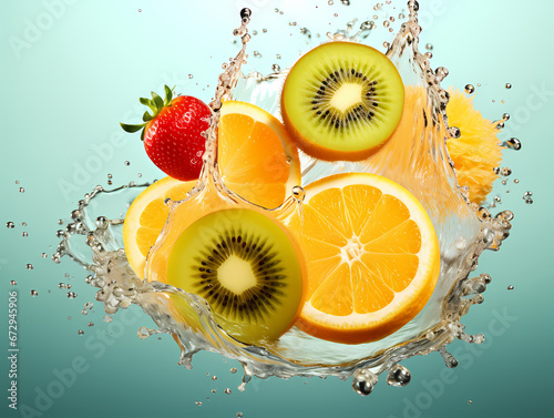 tasty fresh fruits and vegetables in air, levitation,splashed by water isolated on white,blue black.generative ai image