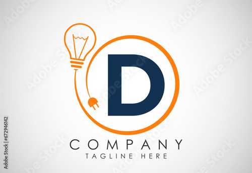 English alphabet D in a circle with electric bulb and plug. Electricity, industrial and technology logo