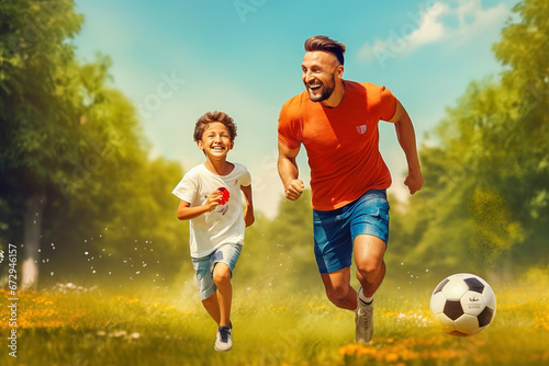 Happy dad and son playing football in the park.