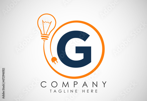 English alphabet G in a circle with electric bulb and plug. Electricity, industrial and technology logo
