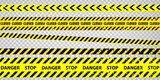 Black and yellow police stripe border, construction, danger, closed caution tapes set. Set of danger caution grunge tapes.  Warning signs for your  design on transparent background. EPS10