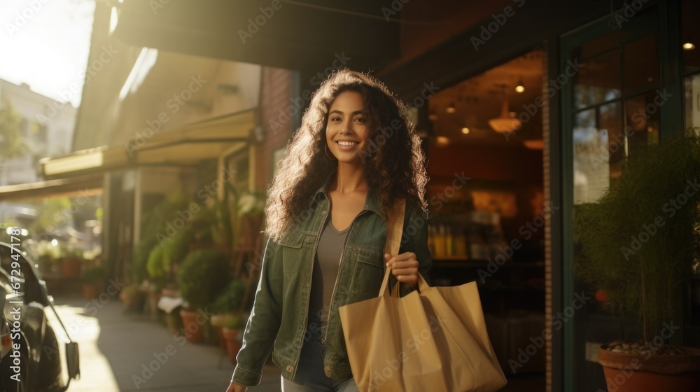 Portrait of young Latina woman posing with shopping bags outdoors