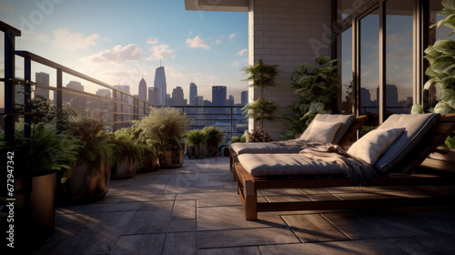 an outdoor balcony with a view of the city