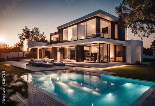 Exterior of modern minimalist cubic villa with swimming pool at sunset © ArtisticLens