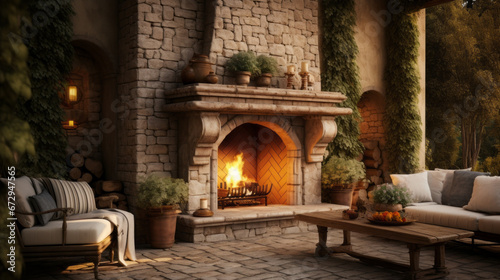 an outdoor patio with a stone fireplace and a large dining table and several chairs