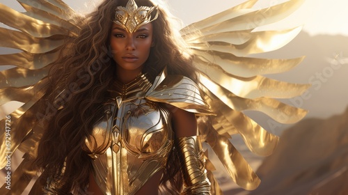 Fantasy, Digital Art, a comforting Muse in off-the-shoulder gold armor and a sheer petticoat, standing in the center of the desert, a ray of sunlight in a gray sky, divine beauty