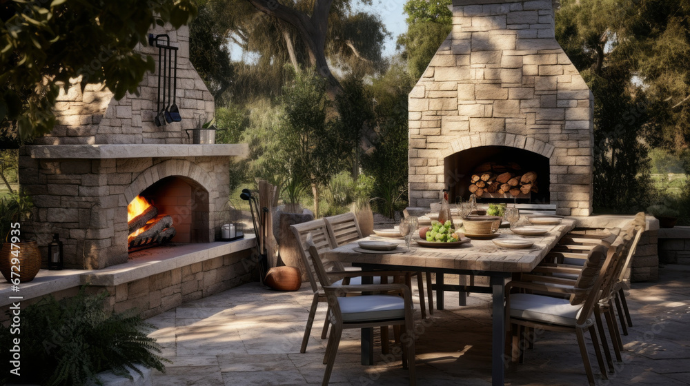 an outdoor patio with a stone fireplace and a large dining table and several chairs