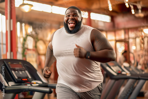 Cheerful fat man is working out in the gym.