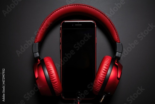 Wireless headphones with smartphone on dark background photo