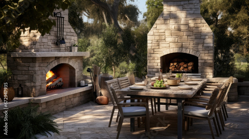 an outdoor patio with a stone fireplace and a large dining table and several chairs