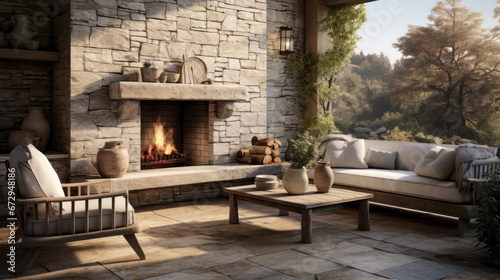an outdoor patio with a wooden deck and a stone fireplace and a seating area photo