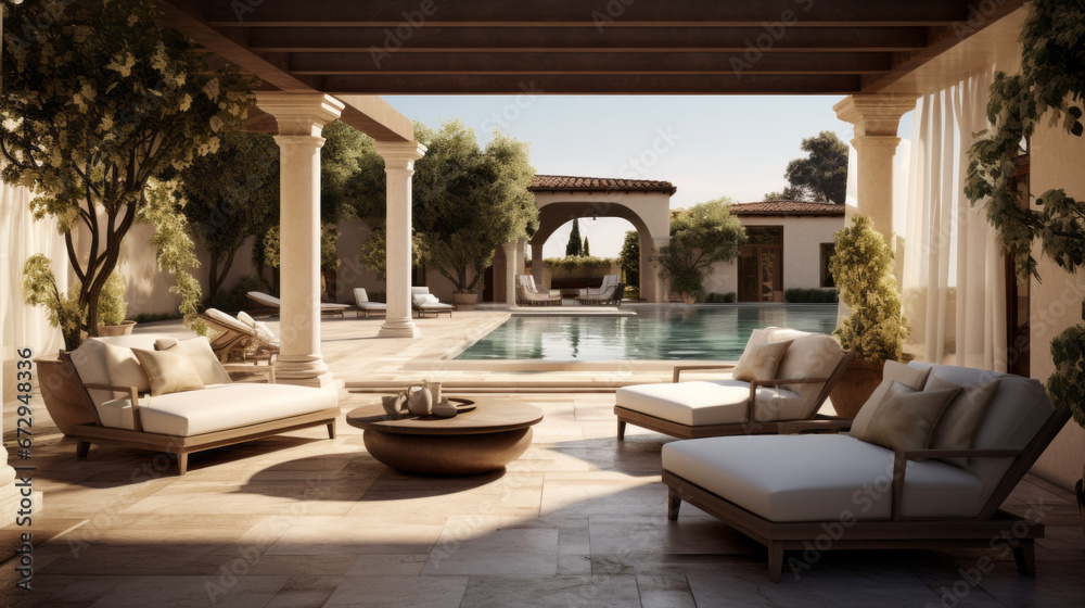 an outdoor terrace with a pool