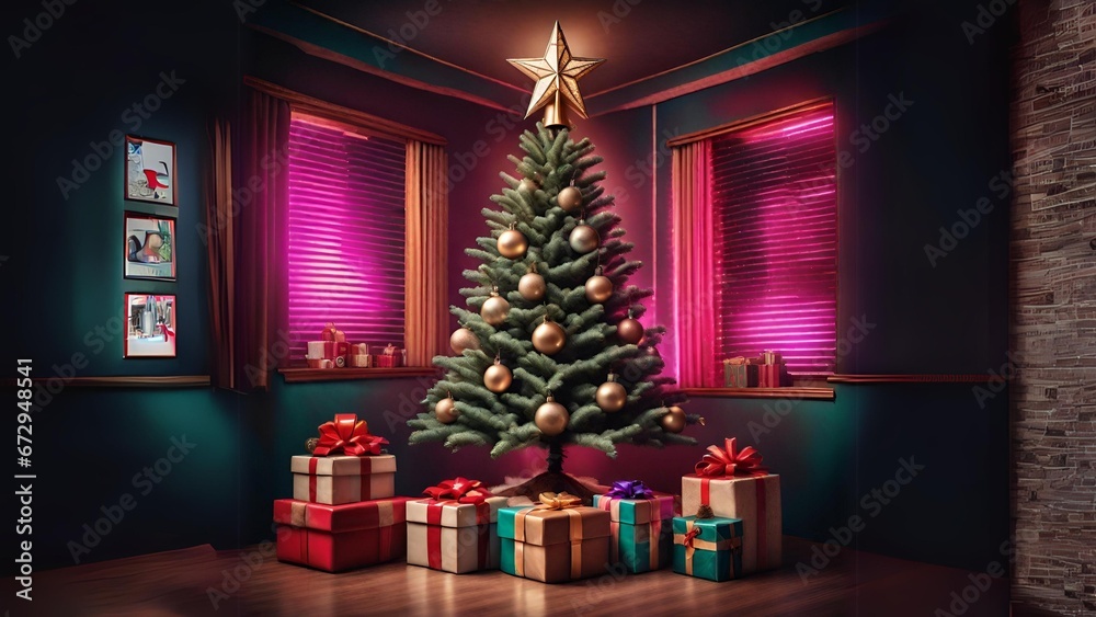 Christmas Tree With Star on top, and Presents under - Generative AI 