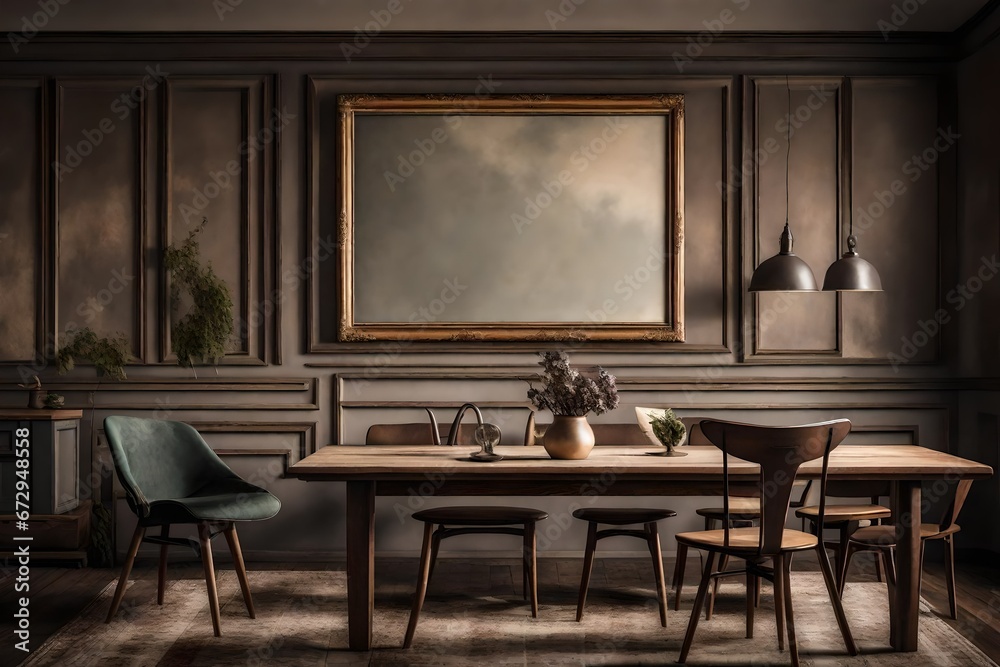 A moody perspective of a Canvas Frame for a mockup in an old styled dining room, where the soft hum of a vintage fan creates an ambiance of relaxation A moody perspective of a Canvas Frame for a mockup in an old styled dining room, where the soft hum of a vintage fan creates an ambiance of relaxation