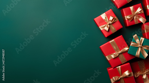 Green and red gift boxes on green background. Top view of christmas gift with space. photo