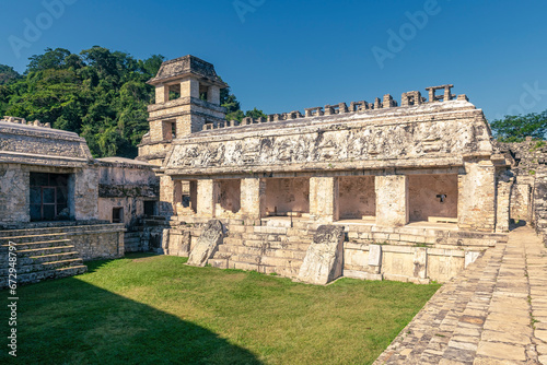 Interior plaza of the mayan Palace structure with tower, Palenque, Chiapas, Mexico.
