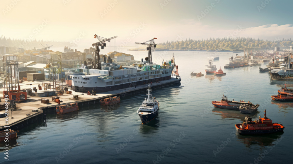 An overview of a bustling harbor with large ships and fishing boats