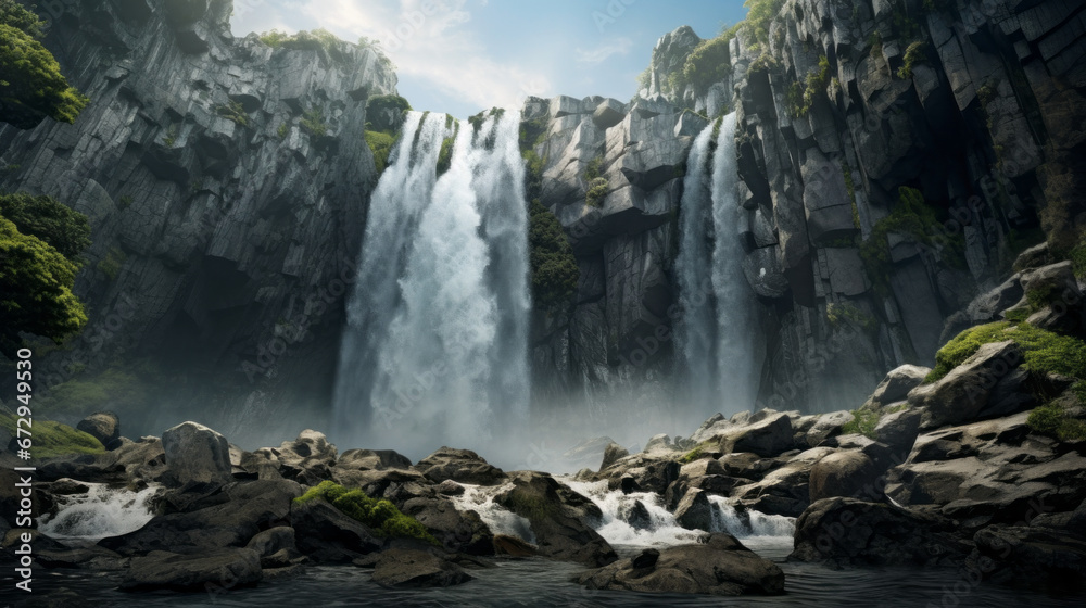 An overview of a majestic waterfall cascading down a rocky cliff face - obrazy, fototapety, plakaty 