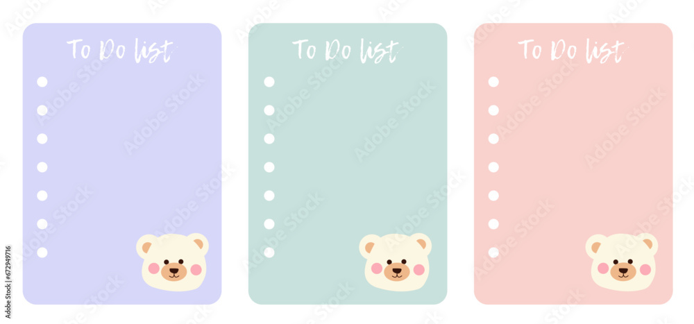 Set of to do list with vector kawaii cute bear for kids. Ready fot print
