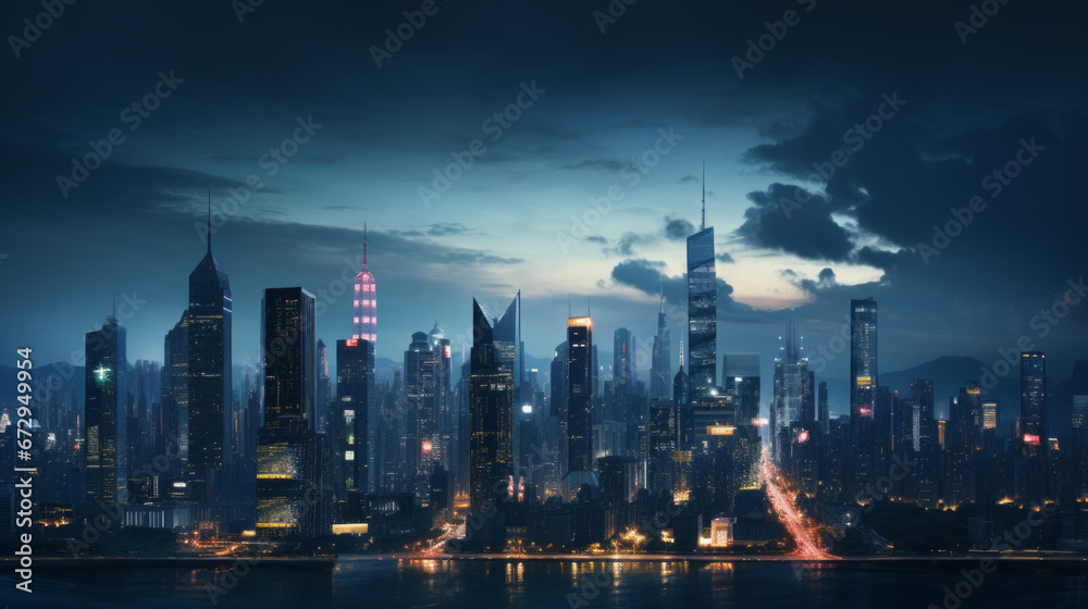 An overview of a vibrant city skyline with towering skyscrapers and illuminated streets