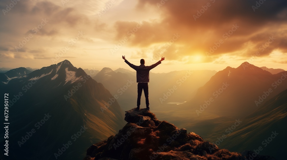 Silhouette of a successful man raising his hands up, on the top of the mountain. Celebrating success, winner, and leader concept.