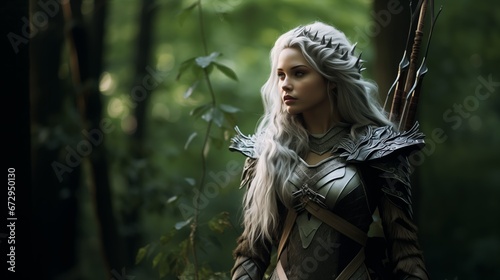 Full body Photo of a elven women archer, silver hair, clothing made of leafs and animal hides