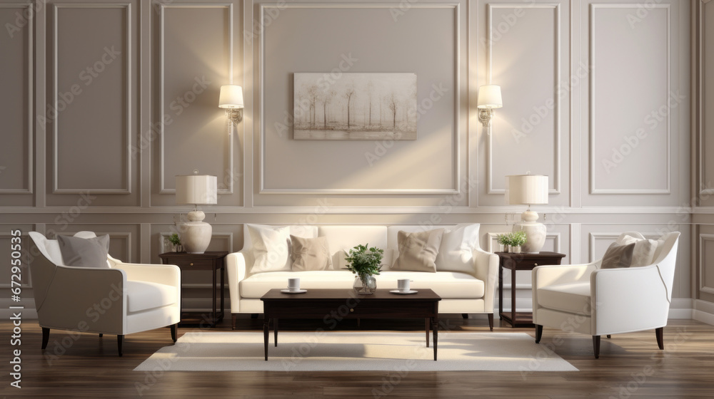 Fototapeta premium room has a classic and elegant feel the walls are a soft beige and with white crown molding along the top The floor is a dark hardwood and with a glossy finish