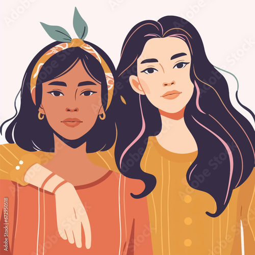 Two women of different ethnicities and cultures together. Strong and brave girls support each other and the feminist movement. Sisterhood and females friendship. Vector illustration