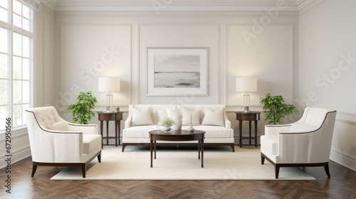 room has a classic and elegant feel the walls are a soft beige and with white crown molding along the top The floor is a dark hardwood and with a glossy finish