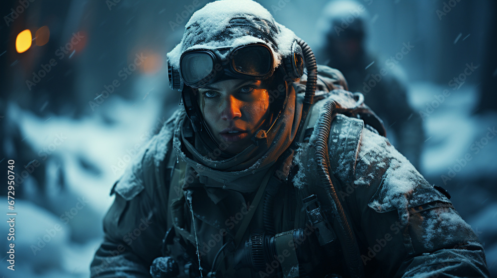 Portrait of man soldier, action battle army in winter . Great explosion with fire and smoke billows on the snow. AI generative Portrait of man soldier, action battle army in winter . Great explosion with fire and smoke billows on the snow. AI generative