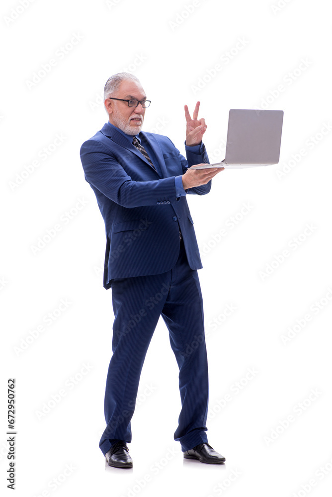 Old businessman holding laptop isolated on white Old businessman holding laptop isolated on white