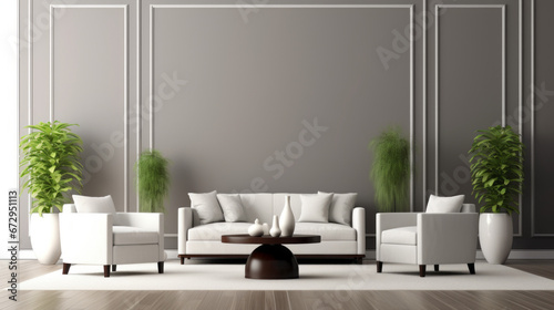 room has a modern and minimalist feel The walls are a light gray and with white crown molding along the top The floor is a dark hardwood and with a glossy finish A white sofa sits against one wall