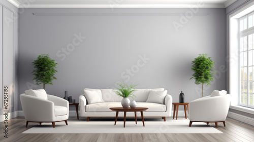 room has a modern and minimalist feel The walls are a light gray and with white crown molding along the top The floor is a dark hardwood and with a glossy finish A white sofa sits against one wall © Textures & Patterns