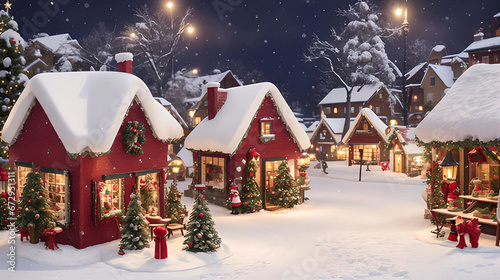 Christmas Holiday's background. Christmas village on a snowy night in vintage style. Winter Village Landscape.