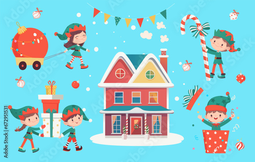 Set of cute playful Christmas elves. Collection of cute Santa Claus helpers. Happy New Year, Merry Xmas design element. Isolated. For card, banner, flayer, leaflet, poster. Vector illustration