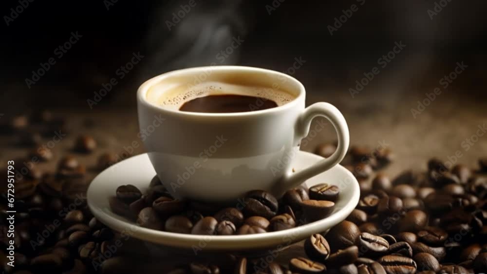 Animation of a steaming cup of coffee with coffee beans in the background Animation of a steaming cup of coffee with coffee beans in the background